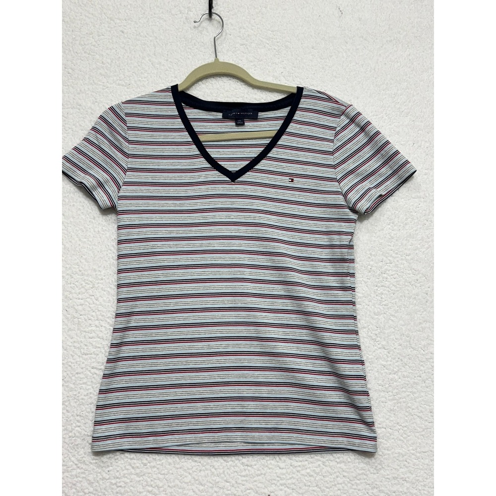Tommy Hilfiger Women's Striped V-Neck T-Shirt‎ Size LG